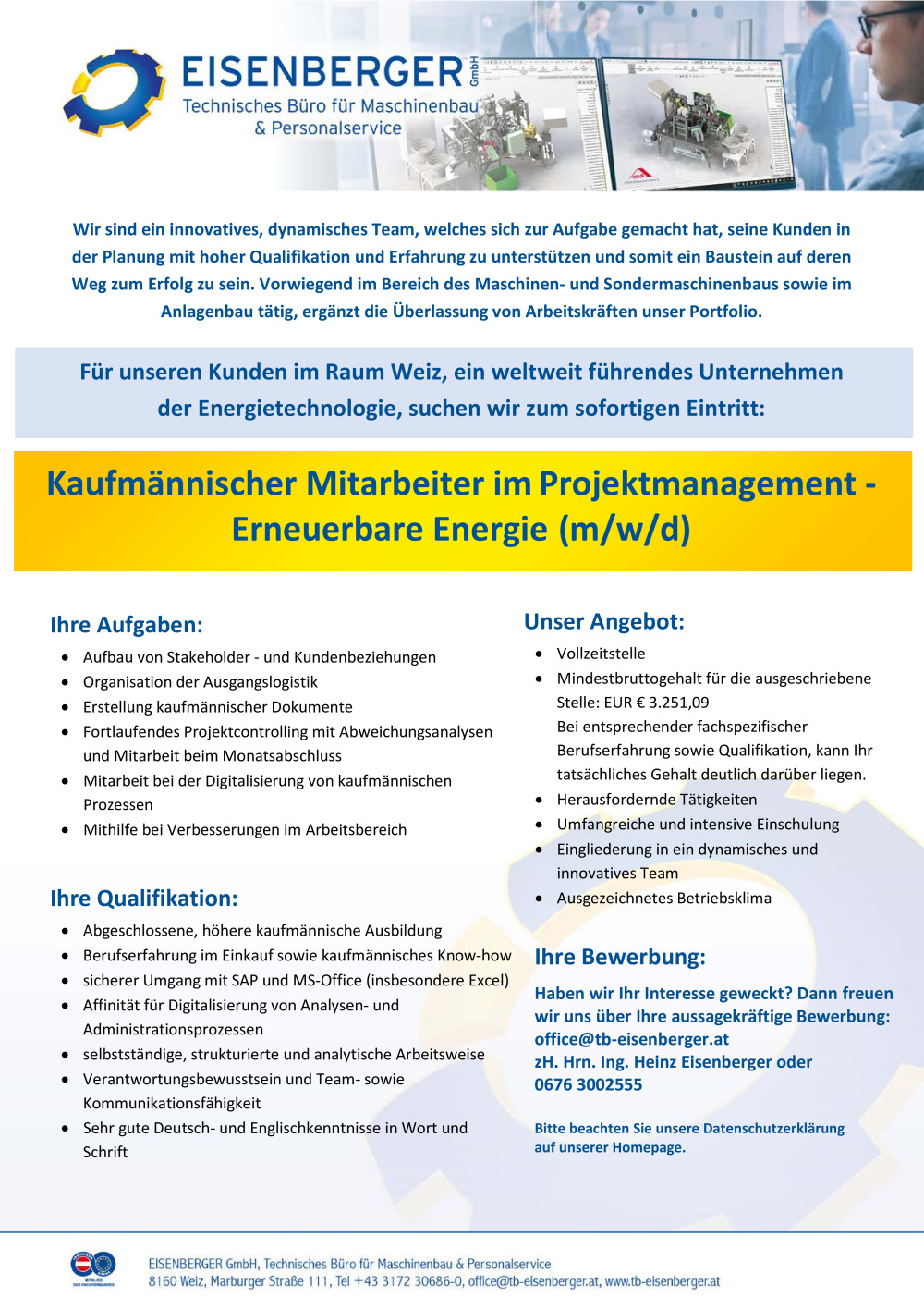 Kaufmännischer Mitarbeiter im Projektmanagement - Erneuerbare Energie (m/w/d)