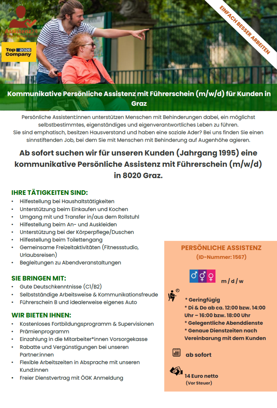 Kommunikative Persönliche Assistenz mit Führerschein (m/w/d) (ID 1567)