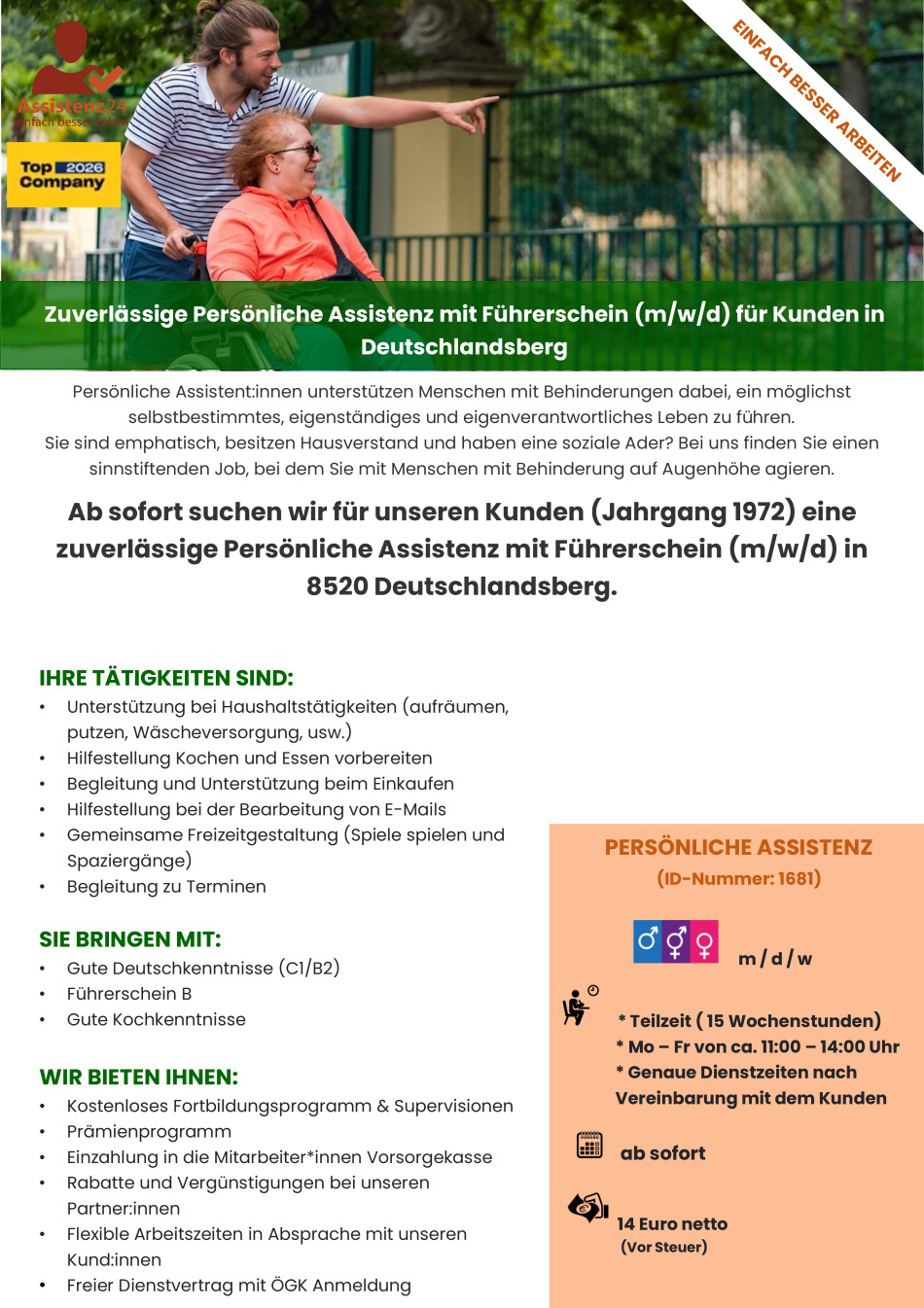 Zuverlässige Persönliche Assistenz mit Führerschein (m/w/d) für Kunden in Deutschlandsberg (ID1681)