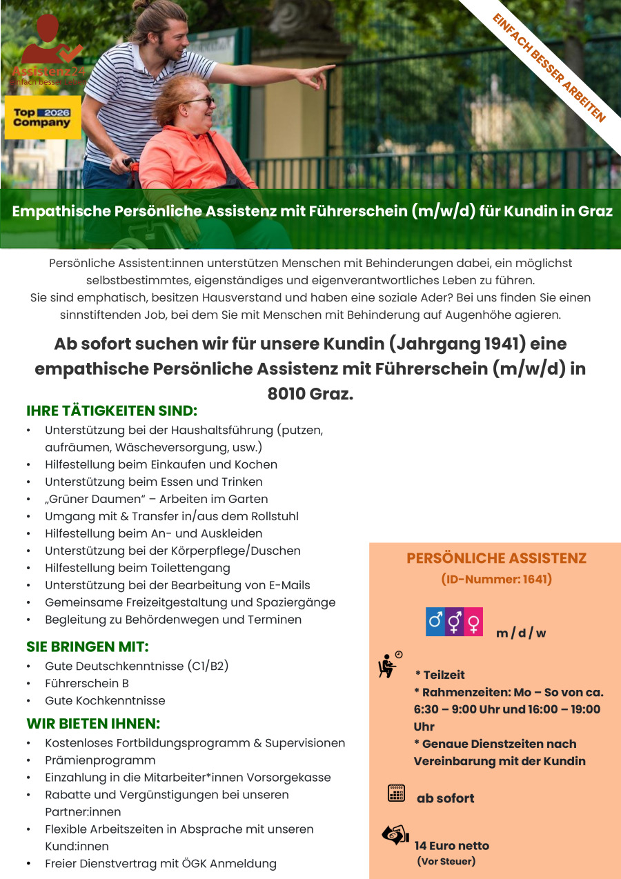 Verlässliche Lebensassistenz für Unterstützung im Haushalt in 8010 Graz (m/w/d) (ID1670)