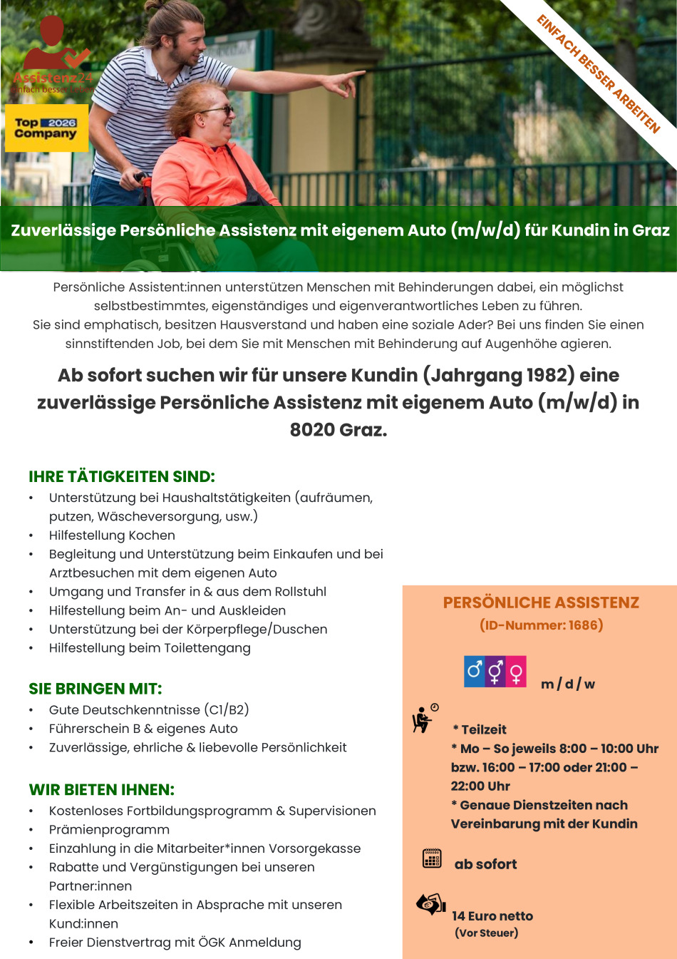 Zuverlässige Persönliche Assistenz mit eigenem Auto (m/w/d) für Kundin in Graz (1686)
