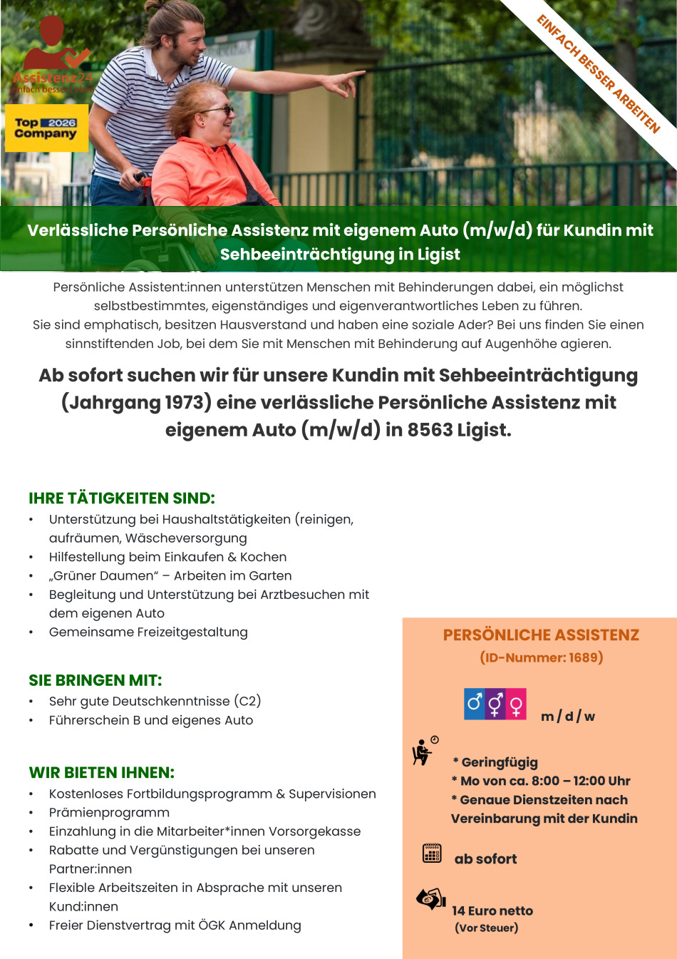 Verlässliche Persönliche Assistenz mit eigenem Auto (m/w/d) für Kundin mit Sehbeeinträchtigung (1689)
