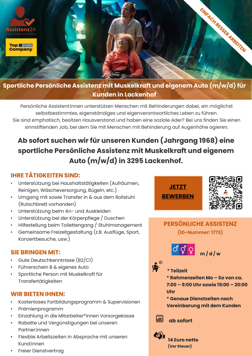 Ab sofort suchen wir für unsere Kundin mit Sehbeeinträchtigung (Jahrgang 1973) eine verlässliche Persönliche Assistenz mit  eigenem Auto (m/w/d) in 8563 Ligist (1788)