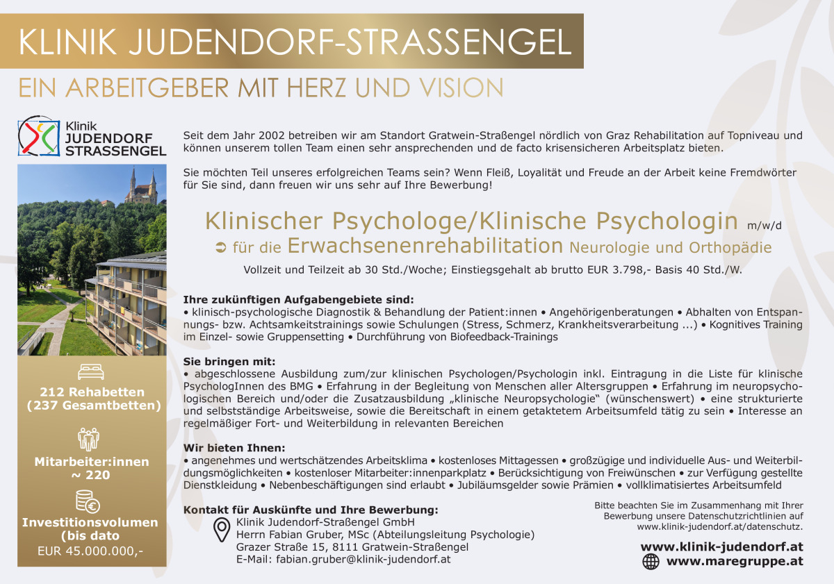 Klinischer Psychologe / Klinische Psychologin (m/w/d) für die Erwachsenenrehabilitation