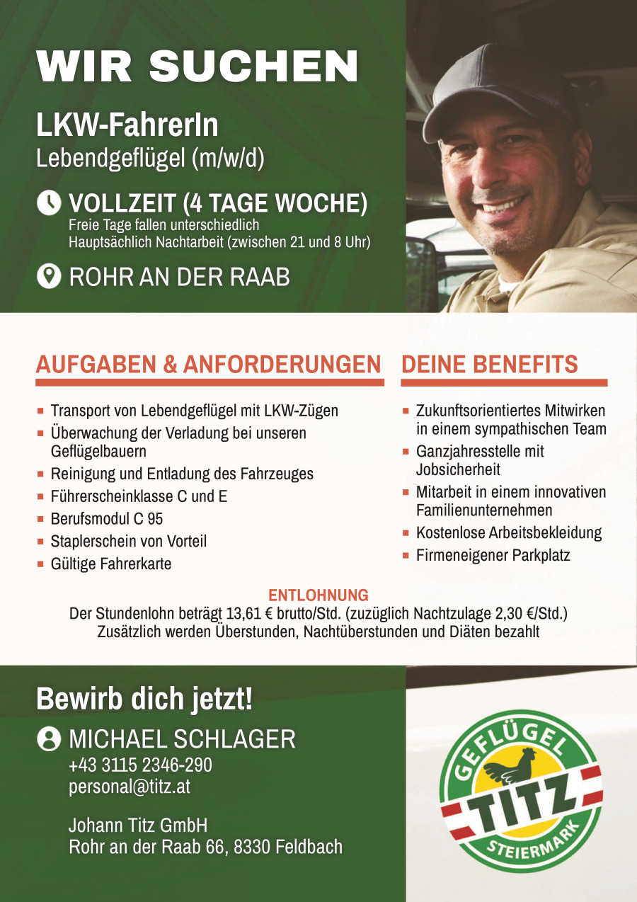 LKW-FahrerIn Lebendgeflügel (m/w/d)