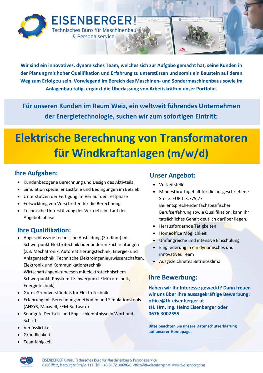 Mitarbeiter für die elektrische Berechnung von Transformatoren für Windkraftanlagen (m/w/d)
