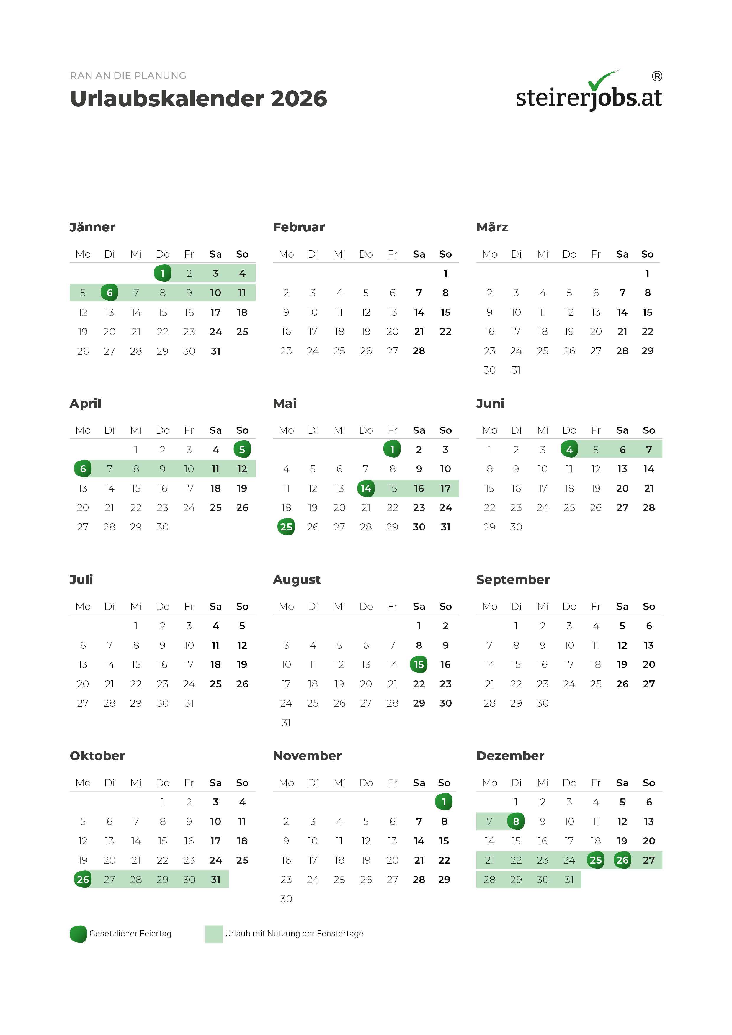 Urlaubskalender Fenstertage 2026 - steirerjobs.at Urlaubskalender Fenstertage 2026